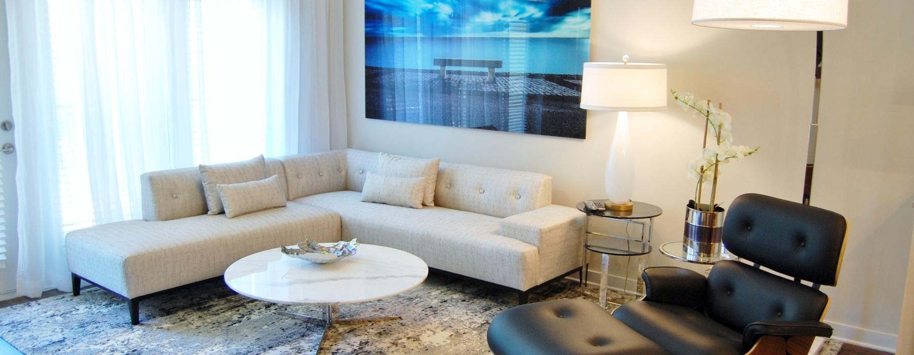 a living room with a large map