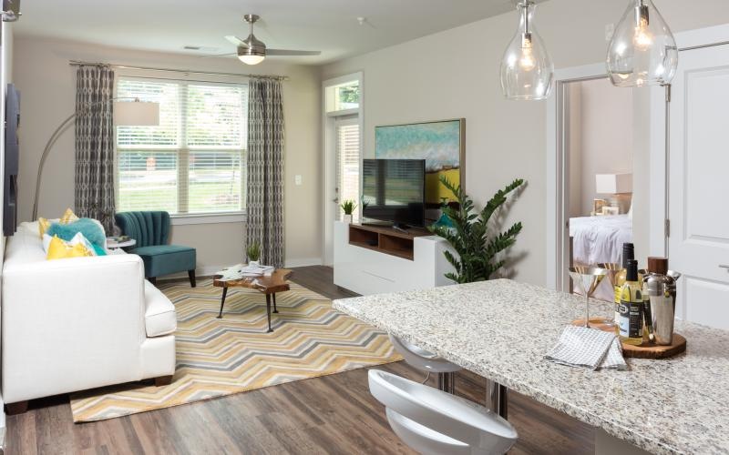 a living room with a large table and chairs