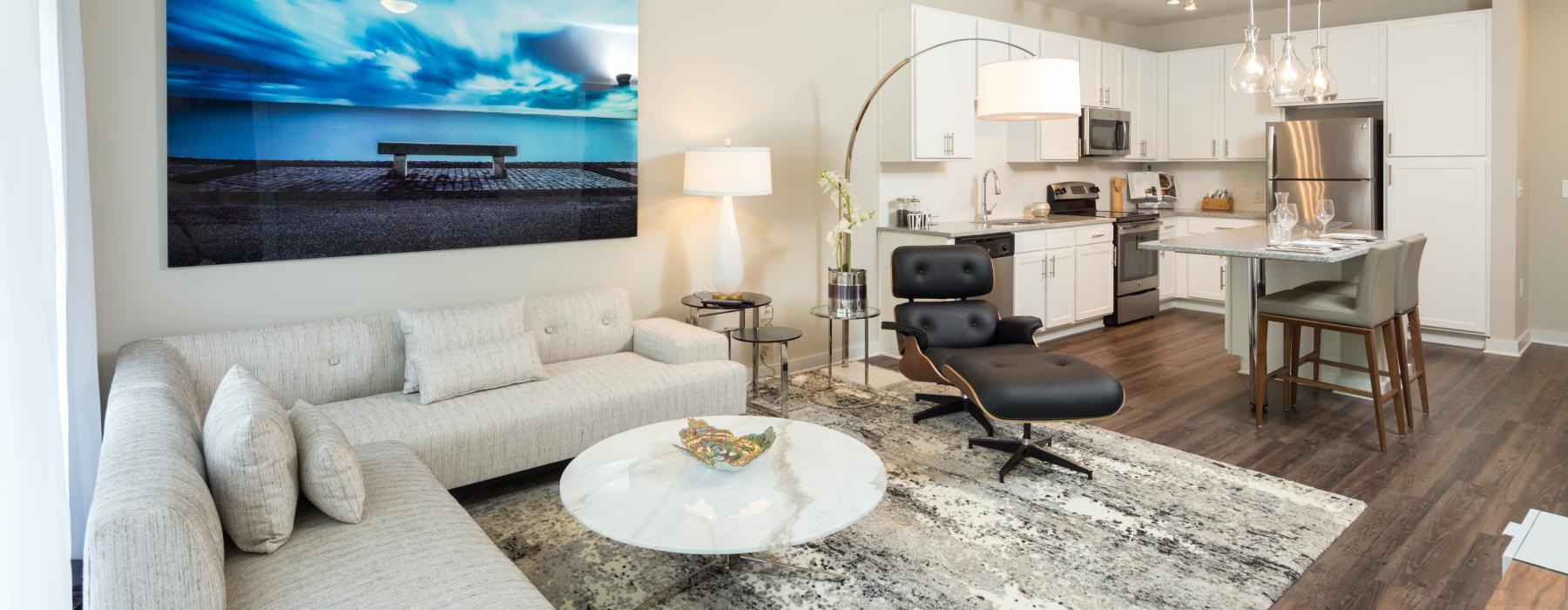 a living room with a large screen